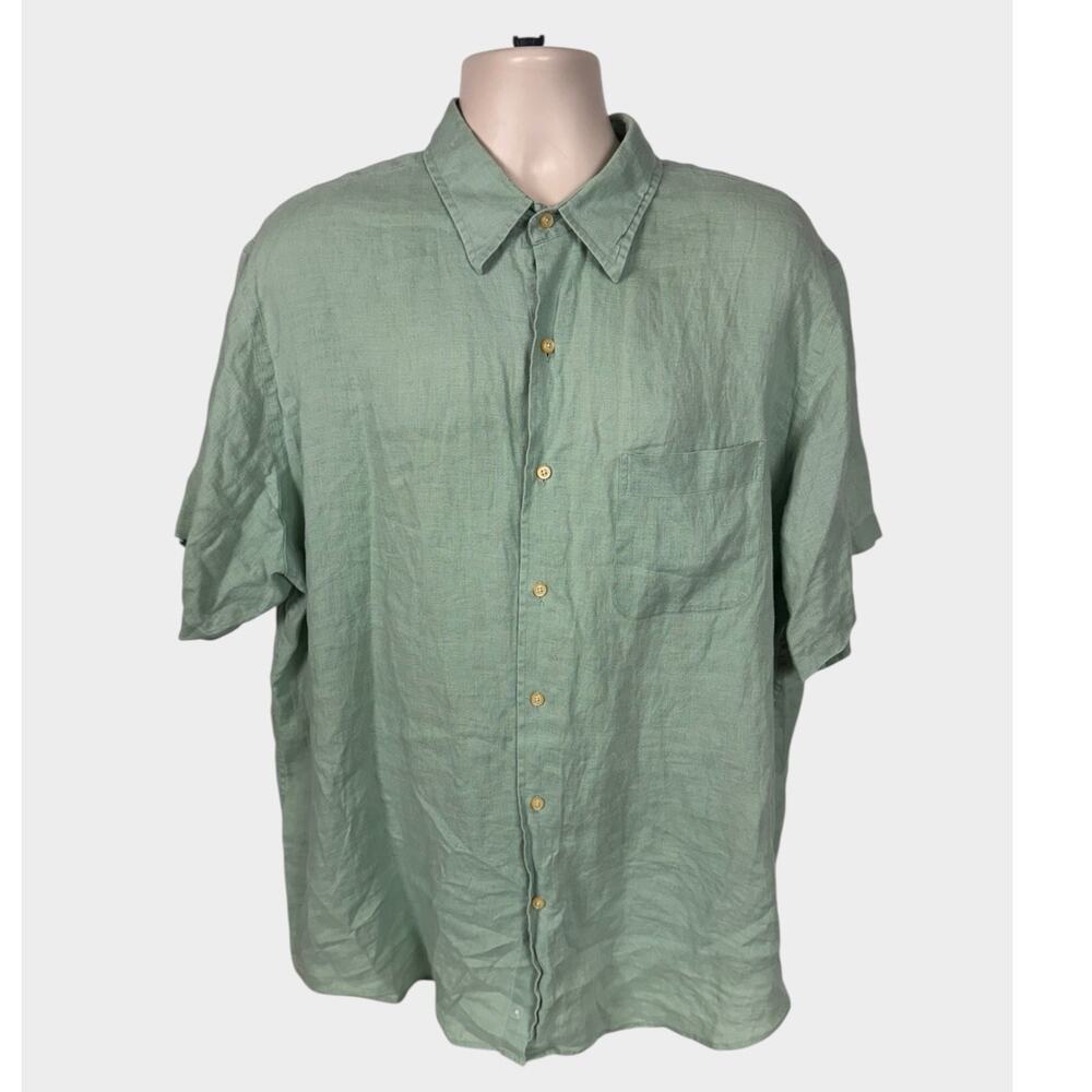 Lands' End Mens XL 17 17 1/2 Green 100% Linen Button Front Short Sleeve Shirt